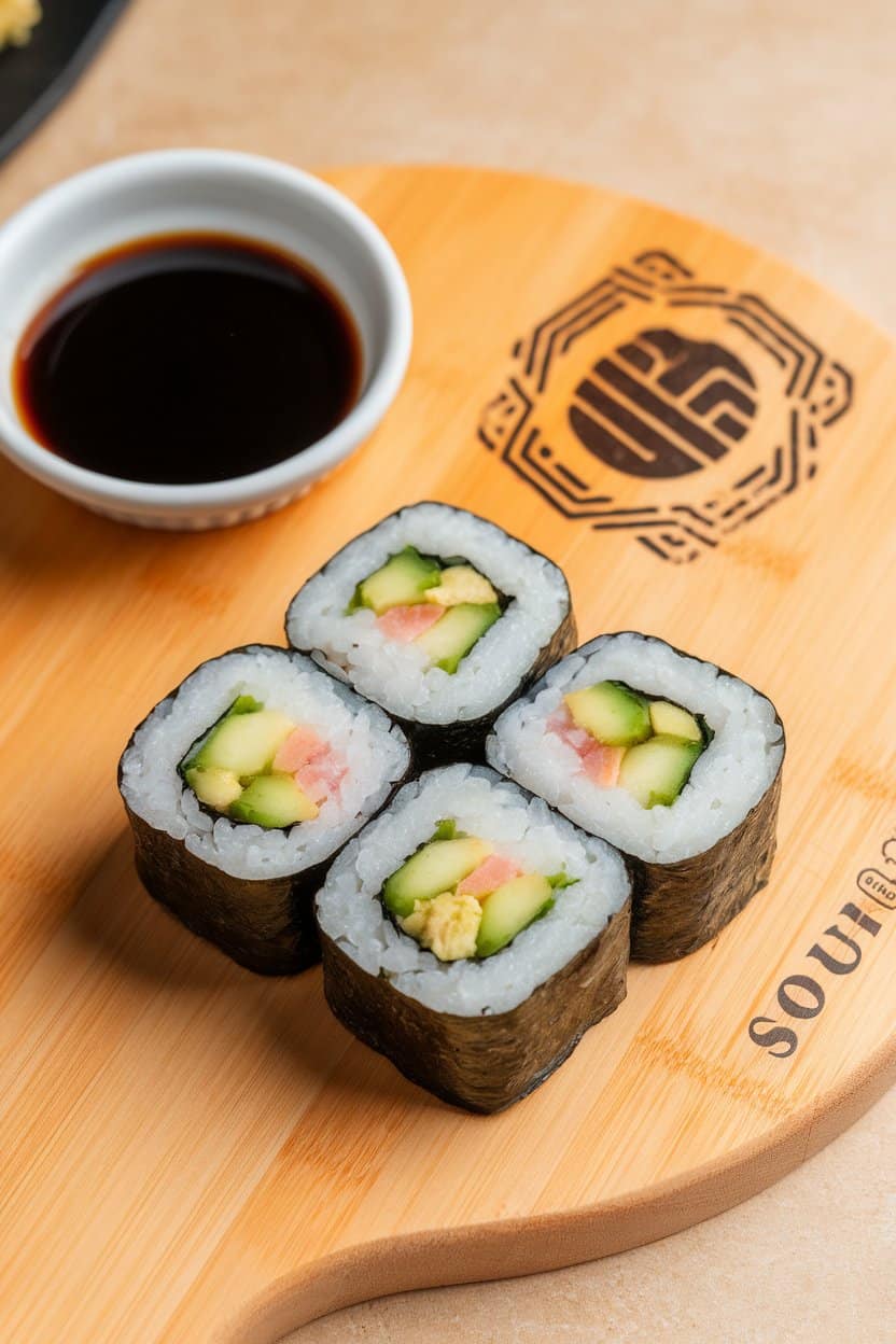 Photo of an indoor wooden sushi board holding sliced avocado and cucumber maki rolls with a small ramekin of soy sauce. No text or logos on dishware.