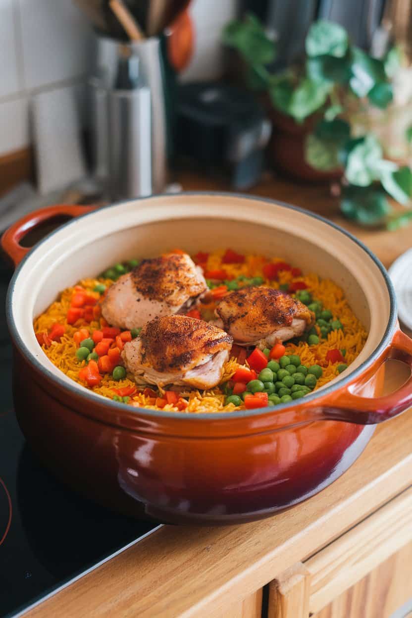 Indoor kitchen counter with a ceramic pot brimming with saffron-colored rice, diced peppers, peas, and browned chicken thighs nestled on top. No logos or text, captured as a photo.