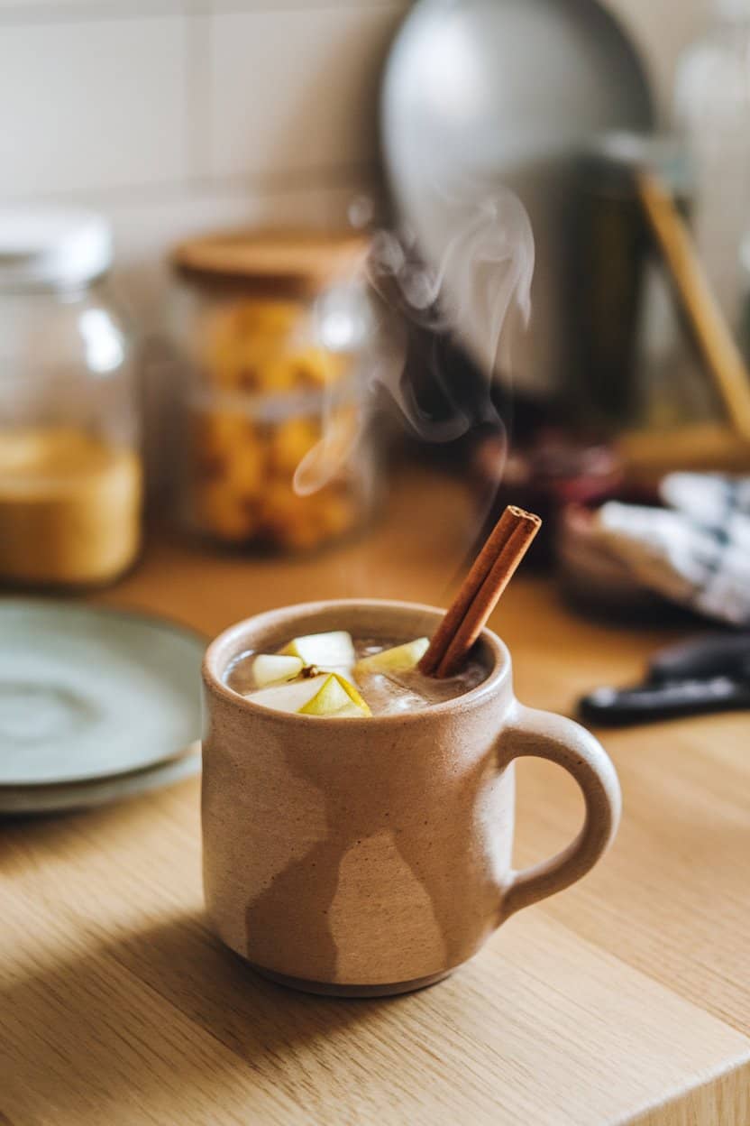 Photo of an indoor kitchen table holding a ceramic mug of warm spiced apple mocktail, cinnamon stick stirring, steam rising visibly; no text or logos.