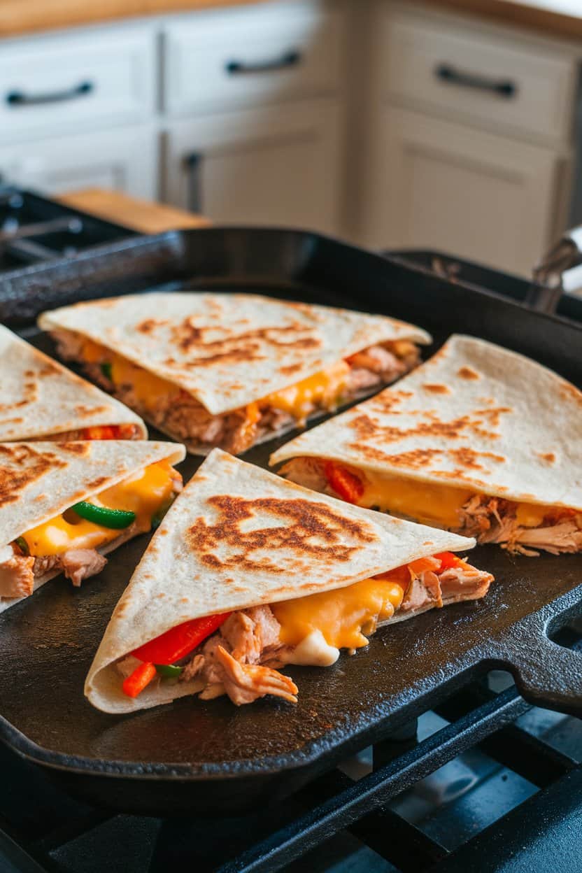 Quartered quesadillas indoors on a cast-iron griddle, cheese visibly melted with chicken and peppers. No text or branding.