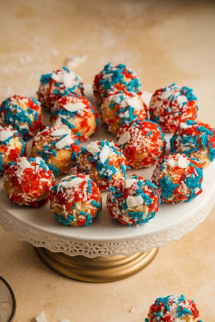 Photo of round coconut cookies rolled in red and blue shredded coconut clusters, placed on an indoor cake stand. No text or logos shown.