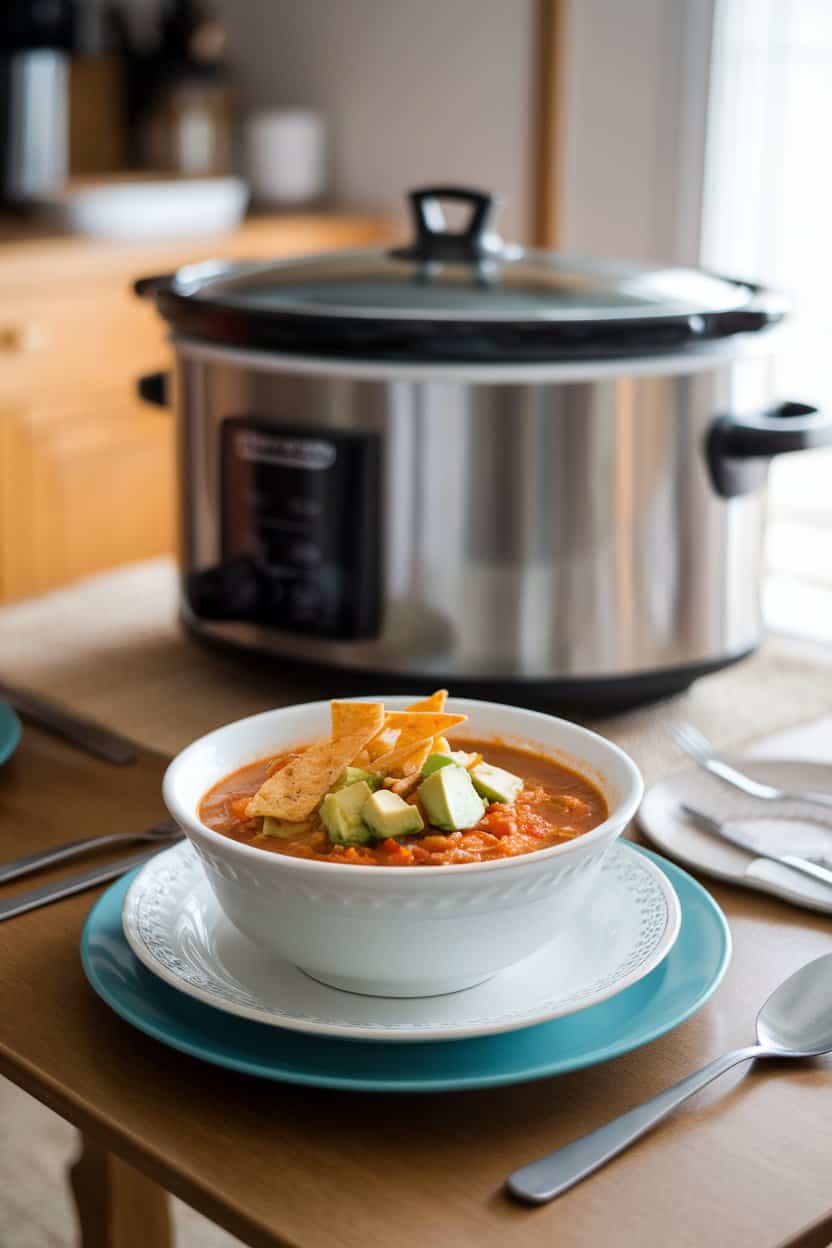 Indoor dining table with a bowl of turkey tortilla soup topped with crunchy baked tortilla strips and diced avocado. Slow cooker in background, no text or logos.