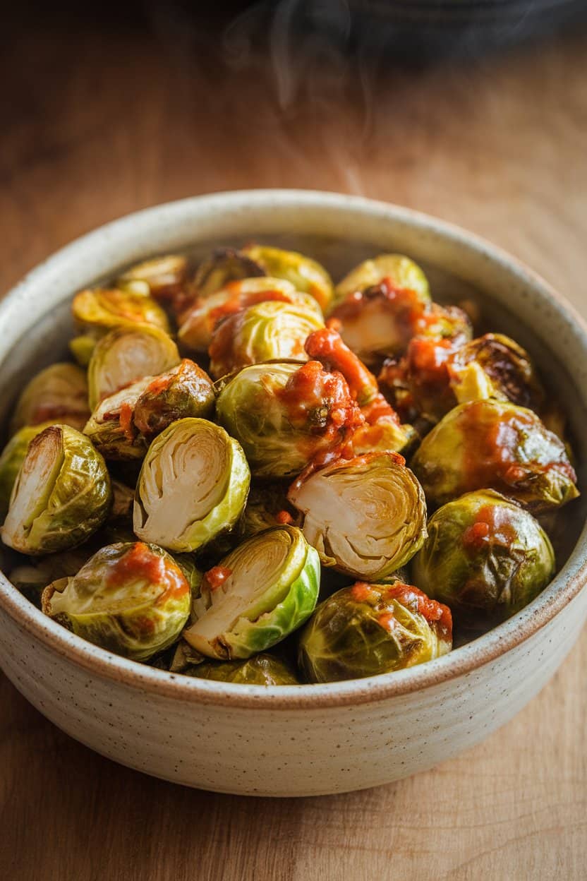 Indoor ceramic bowl of roasted Brussels sprouts glazed with maple-sriracha sauce; slight steam rising; no text or logos.