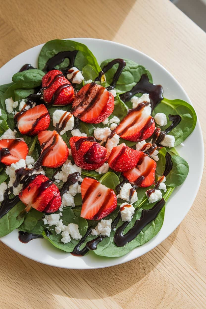 A brightly lit indoor plate featuring baby spinach, sliced strawberries, feta crumbles, and a dark balsamic glaze drizzle. No text or logos present; photo only.