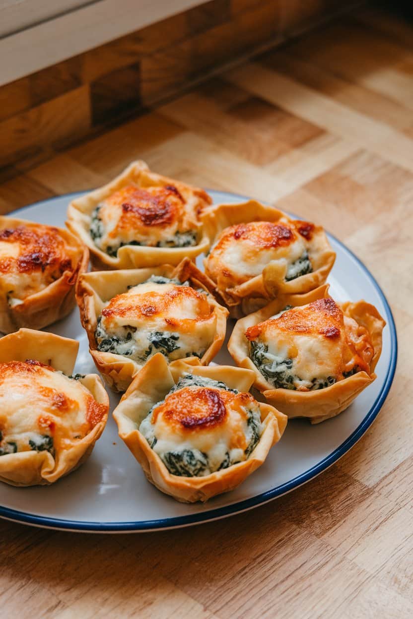 An indoor countertop with mini phyllo cups filled to the brim with bubbling spinach-artichoke dip, cheese browned on top. No text or logos.