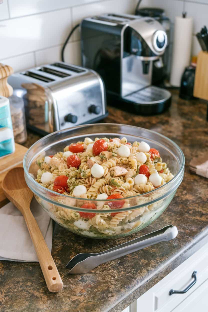 An indoor kitchen counter with a large mixing bowl of pasta salad featuring basil pesto, diced chicken, cherry tomatoes, and mozzarella pearls. No text or logos; photo only.