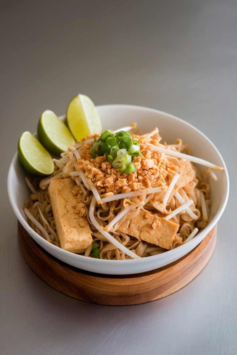 Indoor bowl of rice noodles tossed with tofu, bean sprouts, and crushed peanuts, lime wedge perched on rim, no text or logos.