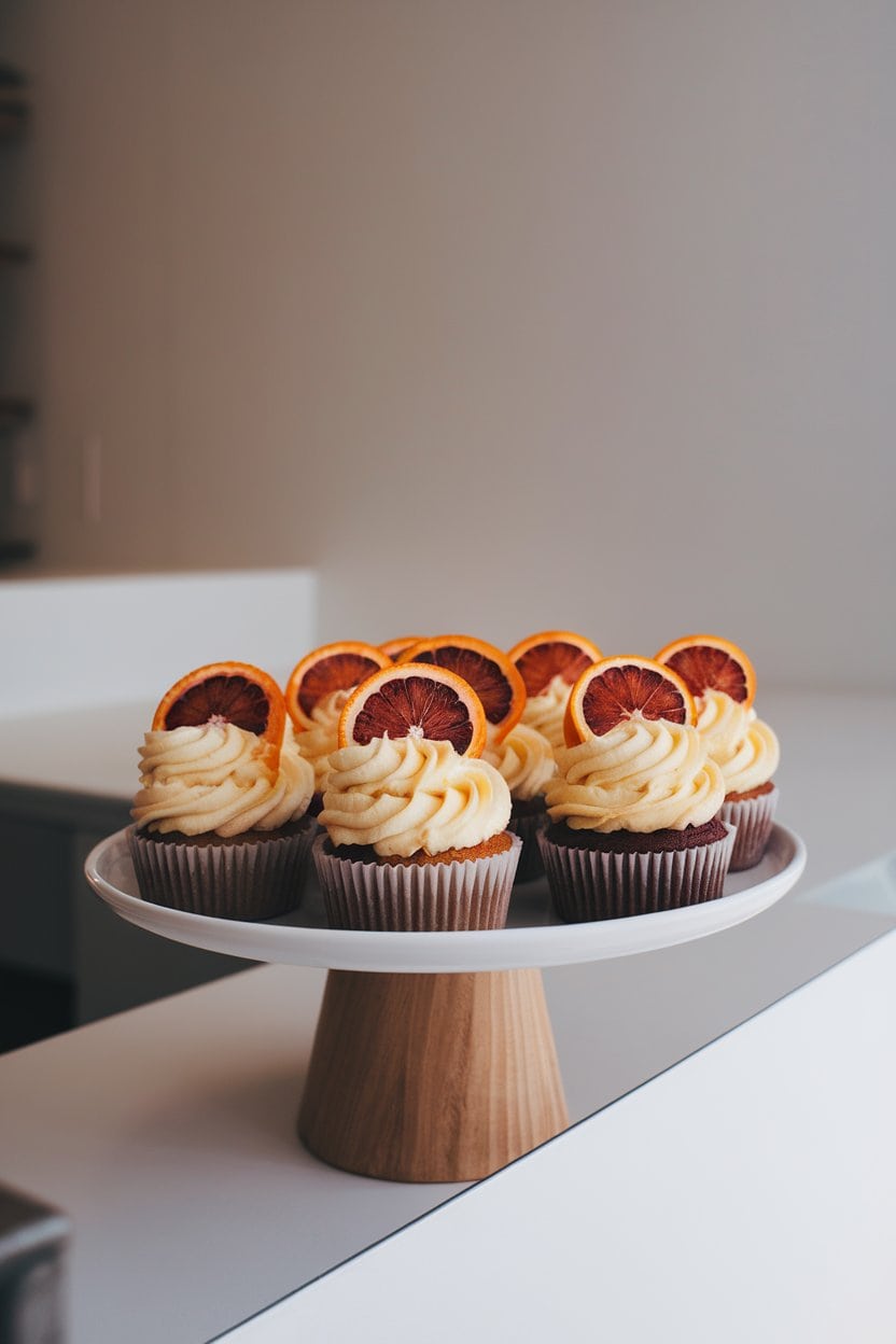 An indoor cake stand featuring frosted cupcakes topped with slices of blood orange, frosting swirled high. No text or logos visible.