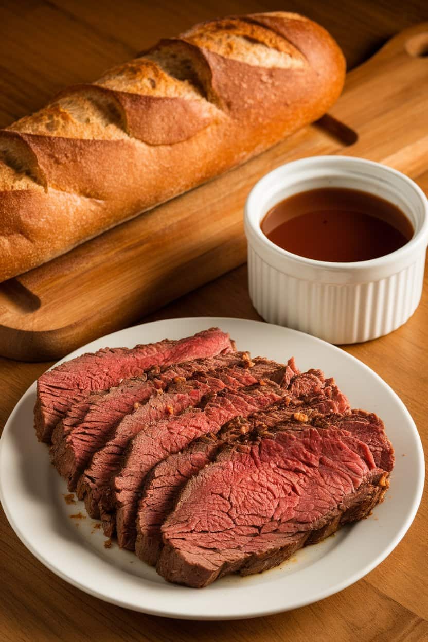 Indoor photo of sliced roast beef on a baguette with a ramekin of au jus for dipping—warm lighting, no text or logos