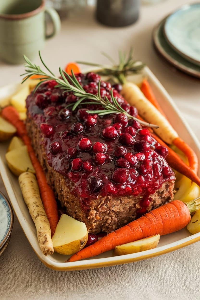 Indoor festive platter with meatloaf coated in ruby cranberry glaze, rosemary sprigs as garnish. No text or logos. Photo only.