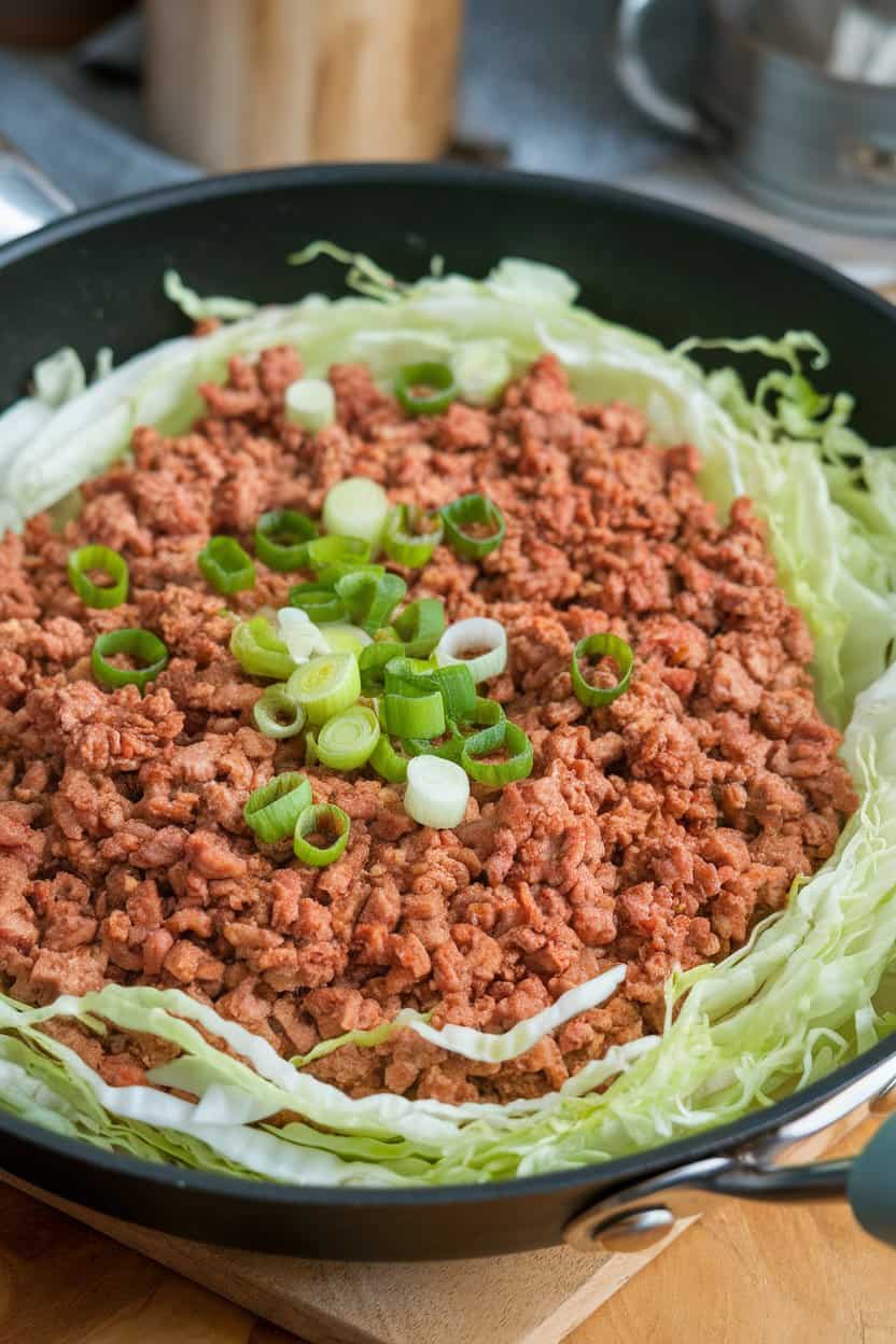 Indoor skillet of ground pork and shredded cabbage mixture topped with sliced green onions. Photo, no text or logos.
