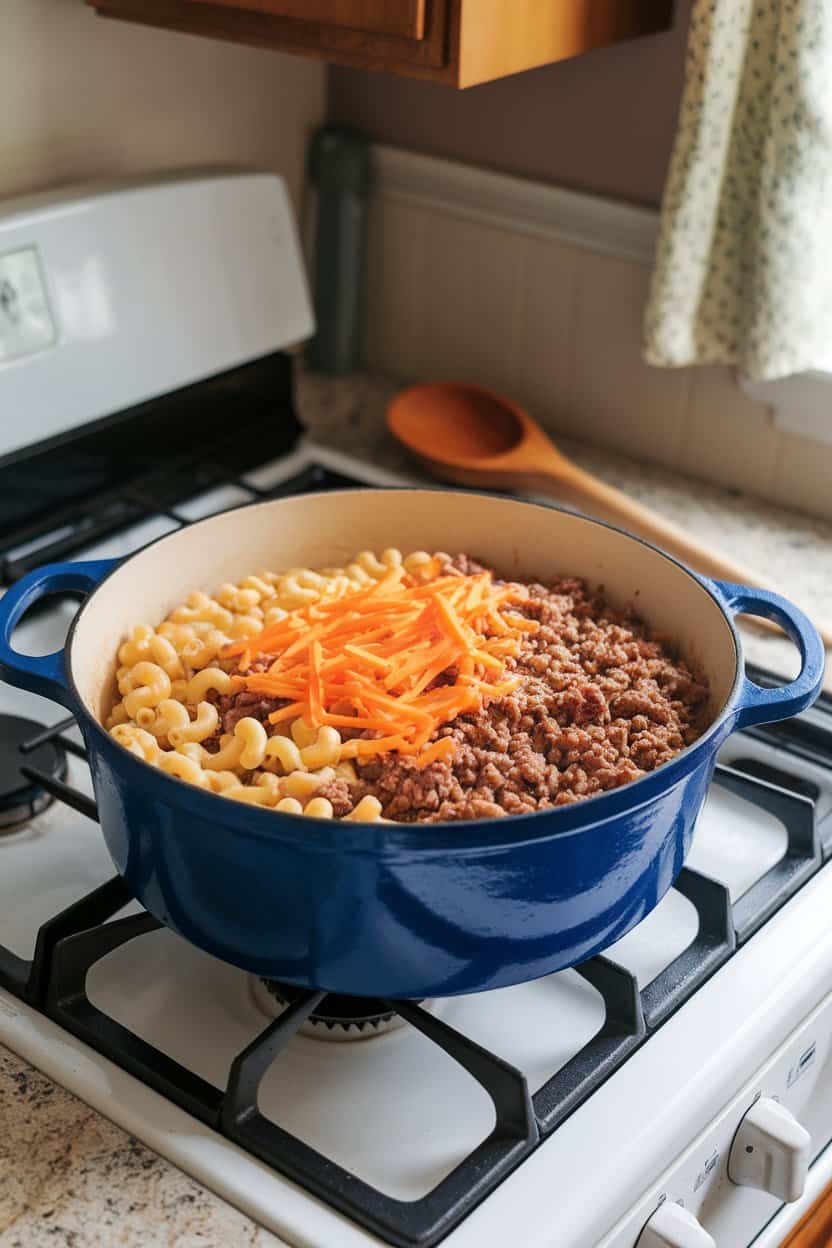An indoor stovetop scene showing a Dutch oven brimming with elbow macaroni, crumbled ground beef, and melty cheddar cheese, steam rising gently. No text or logos.