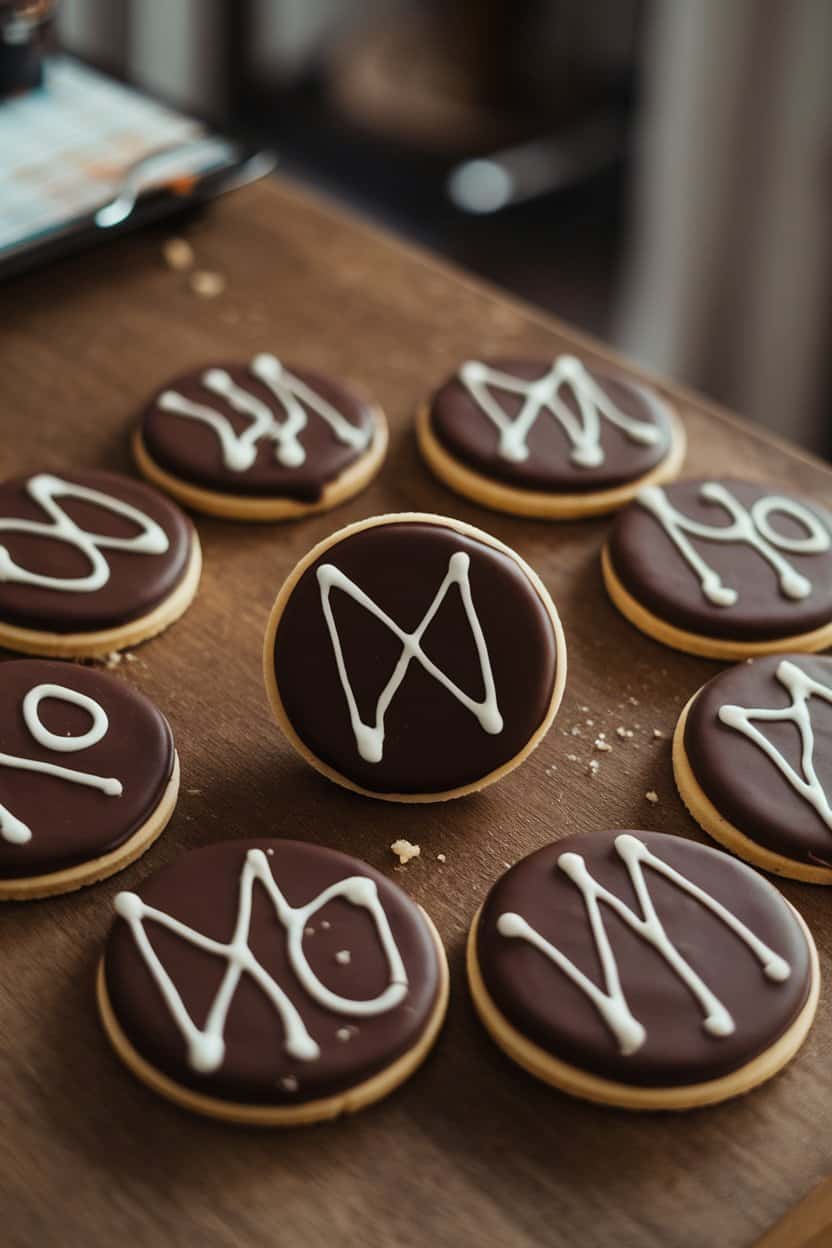 Photo of round chocolate cookies glazed in matte black icing with white “X” and “O” play diagrams, set on a wood table indoors. No text or logos present.