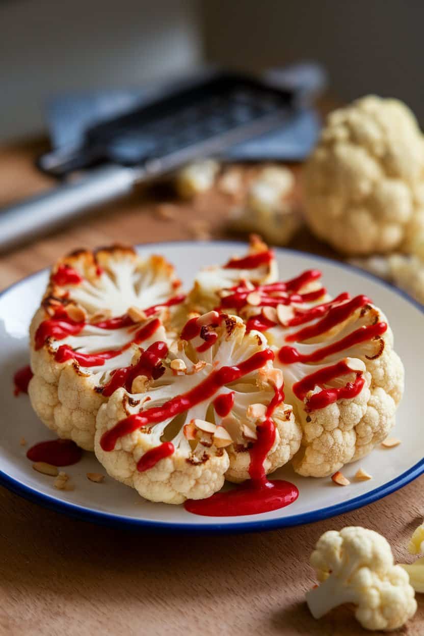 An indoor plate showcasing thick roasted cauliflower slices drizzled with red Romesco sauce and sprinkled with chopped almonds. No text or logos; photo.