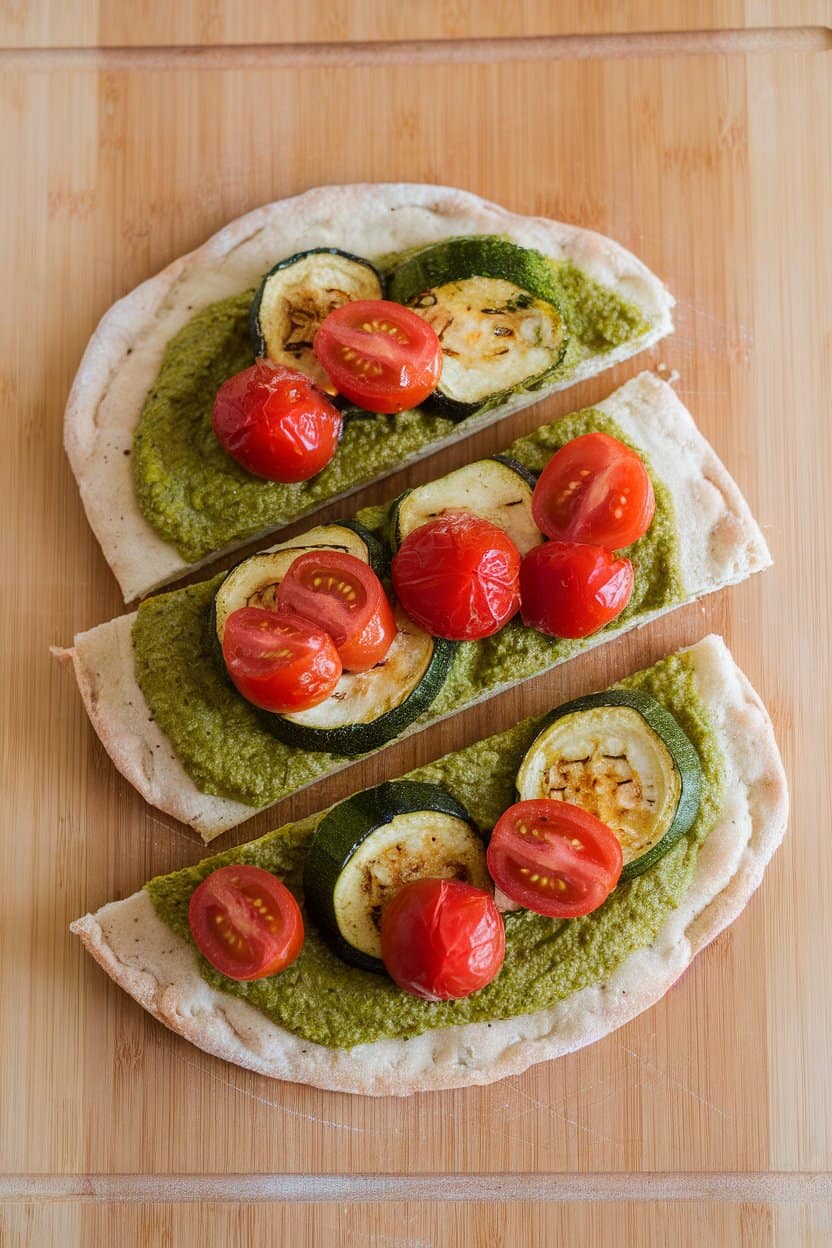 Indoor cutting board with a sliced flatbread topped with bright green basil pesto, cherry tomatoes, and roasted zucchini, no text or logos.
