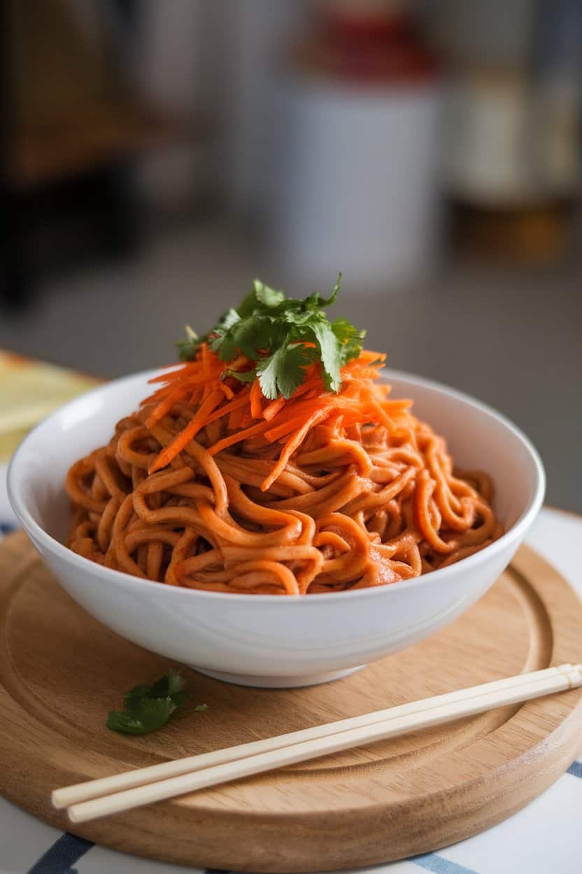 Indoor bowl of rice noodles coated in peanut sauce with shredded carrots and cilantro. Photo, no text or logos.