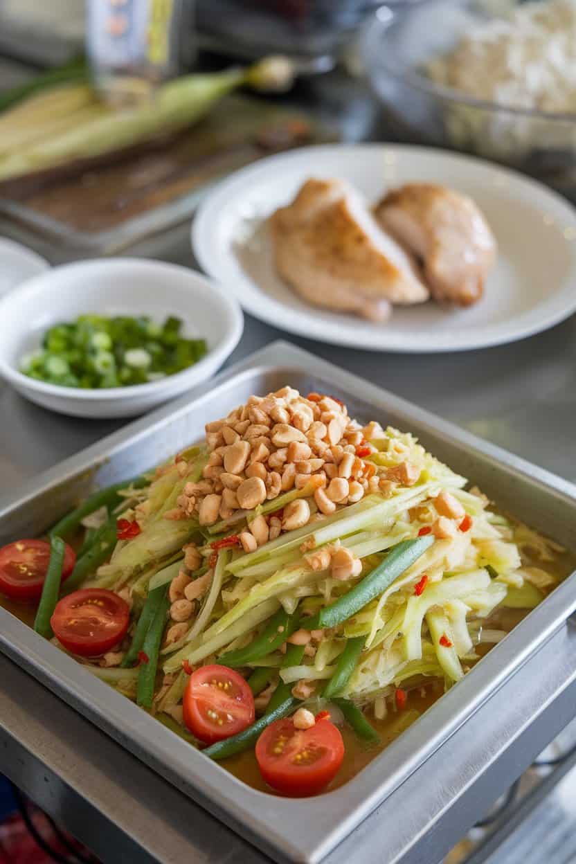 Photo of an indoor market-style table with a shallow dish of shredded green papaya, cherry tomato halves, green beans, crushed peanuts, and red chili flecks glistening in dressing. No text or logos visible.
