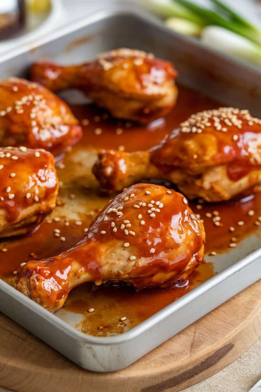 An indoor roasting tray of glazed chicken drumsticks coated in a shiny maple-sriracha sauce, sesame seeds sprinkled atop. No text or logos. Photo only.