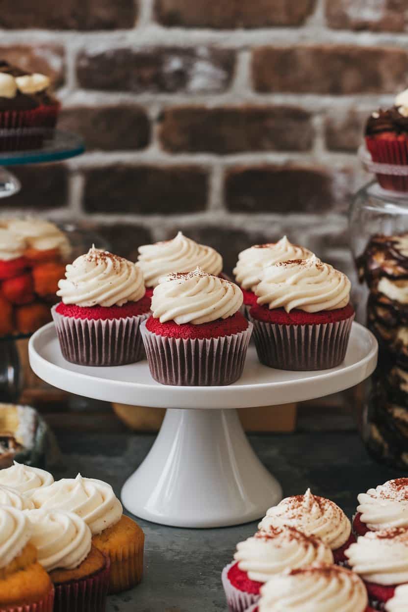 An indoor bakery counter look with a white cake stand holding red velvet cupcakes topped with creamy yogurt-cream cheese frosting and a sprinkle of cocoa; no text or logos.