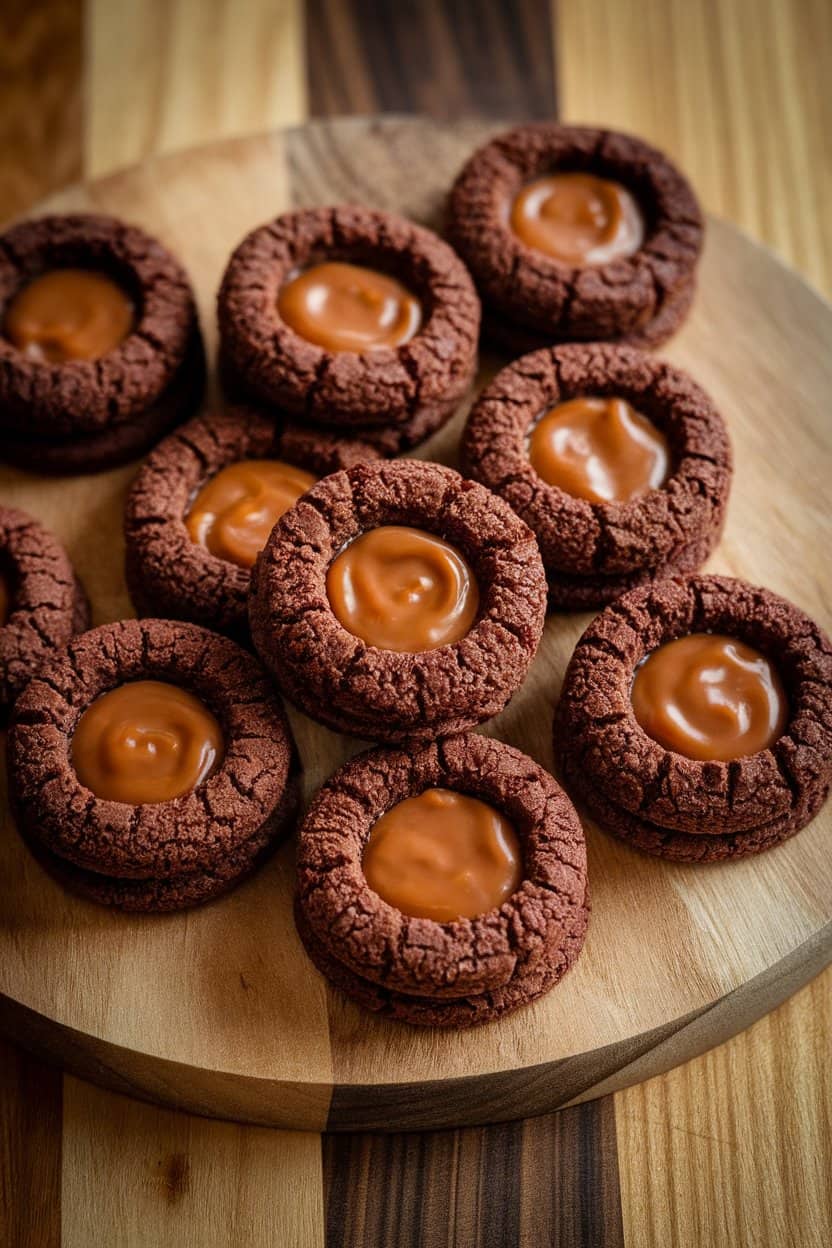 Photo of chocolate thumbprint cookies filled with hidden caramel centers, displayed on an indoor wooden board. No text or logos present.