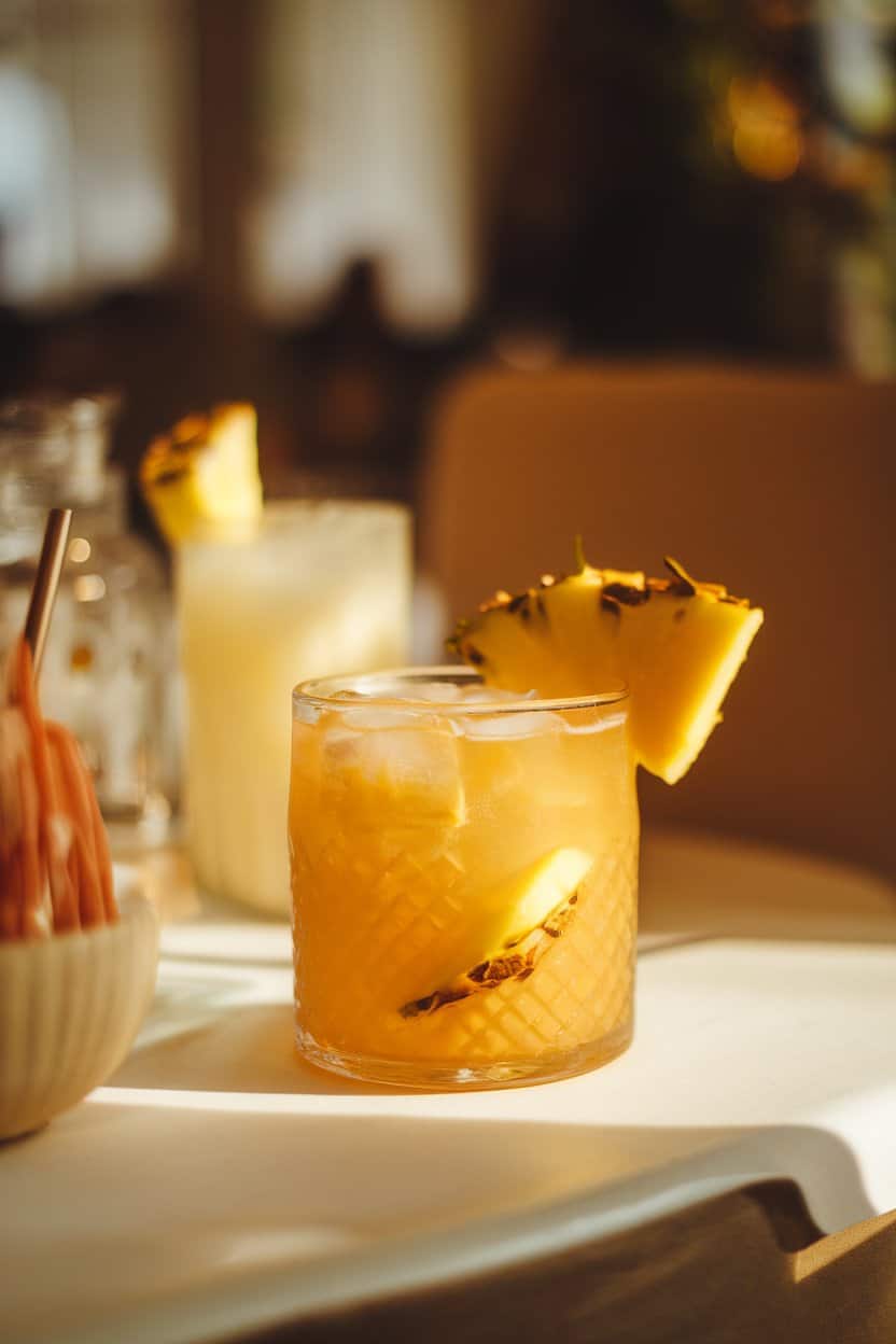 A warmly lit indoor table displaying a rocks glass of golden pineapple ginger mocktail with visible ginger slices and a pineapple wedge garnish. No logos or text in frame. Photo, not illustration.
