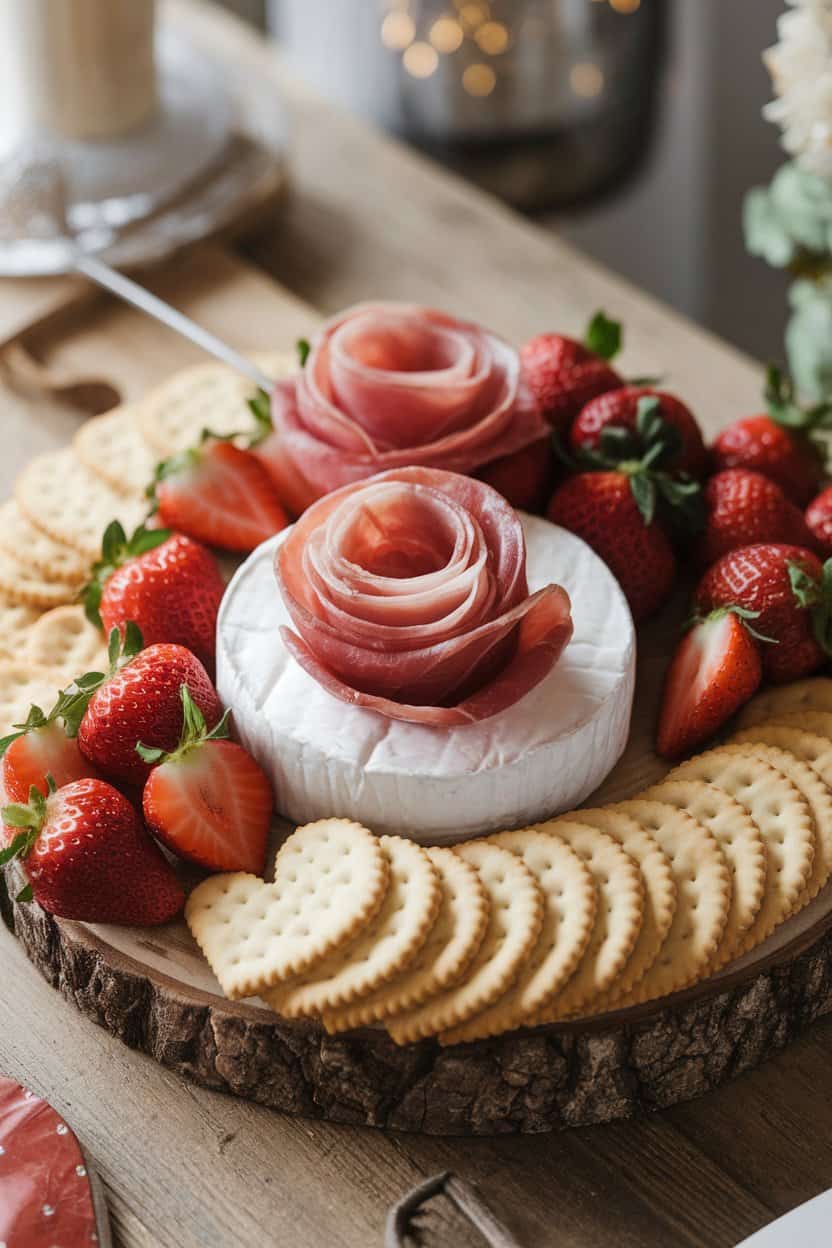 Indoor photo of a charcuterie board topped with brie, prosciutto roses, strawberries, and heart-shaped crackers on a rustic wooden table, softly lit; no text or logos visible