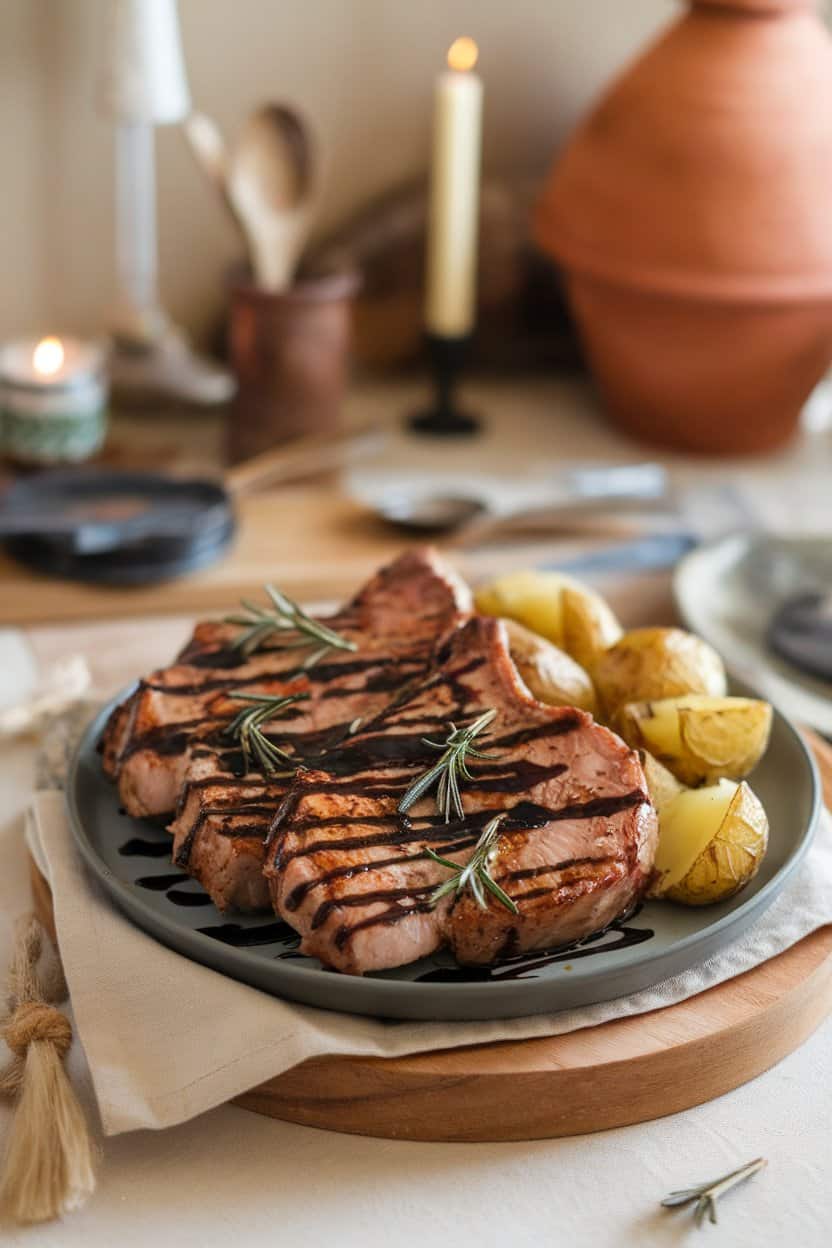 An indoor serving platter showcasing pork chops drizzled with balsamic reduction and scattered rosemary leaves; no text or logos. Photo, not illustration.