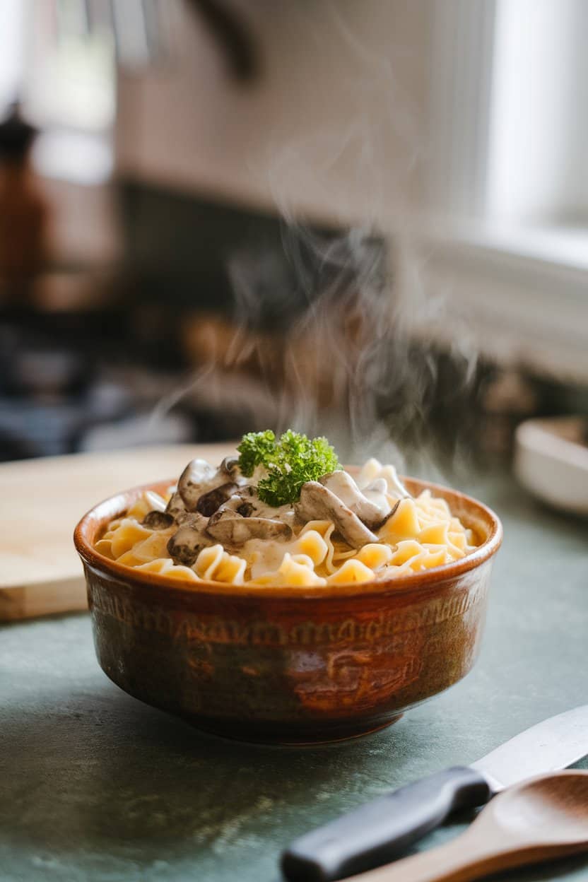 A ceramic bowl on an indoor countertop filled with egg noodles coated in creamy mushroom sauce, garnished with fresh parsley, steam rising gently, no visible text or logos.