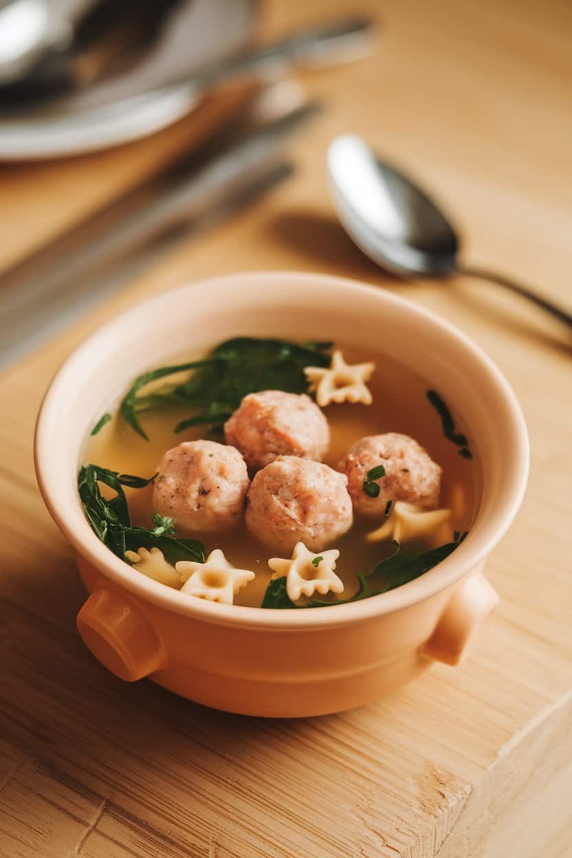 Indoor photo of clear broth soup with mini turkey meatballs, spinach ribbons, and tiny pasta stars in a child-friendly bowl. No text or logos.