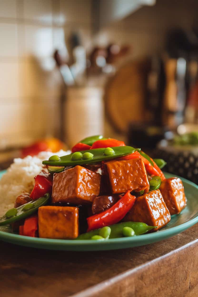 A plate of glazed tofu cubes with sautéed bell peppers and snap peas, photographed under indoor kitchen lighting. No text or logos present. Photo only.