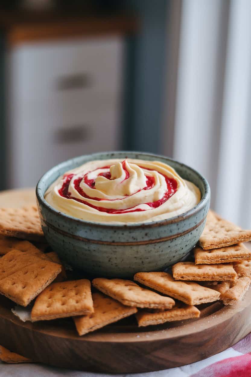 An indoor ceramic bowl of creamy cheesecake dip swirled with cherry pie filling, surrounded by graham crackers. No text or logos, photo.
