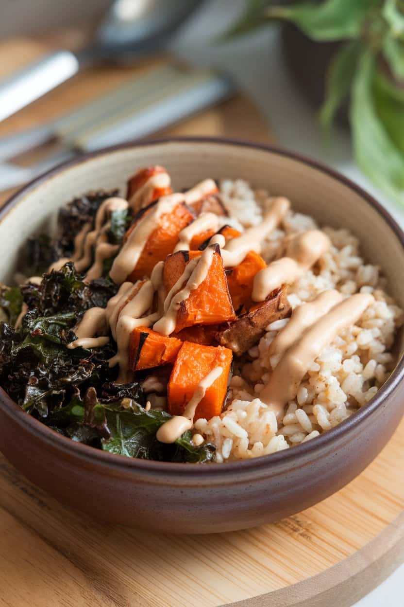 Photo of an indoor ceramic bowl filled with roasted sweet potato cubes, sautéed kale, brown rice, and tahini drizzle. No text or logos in scene.
