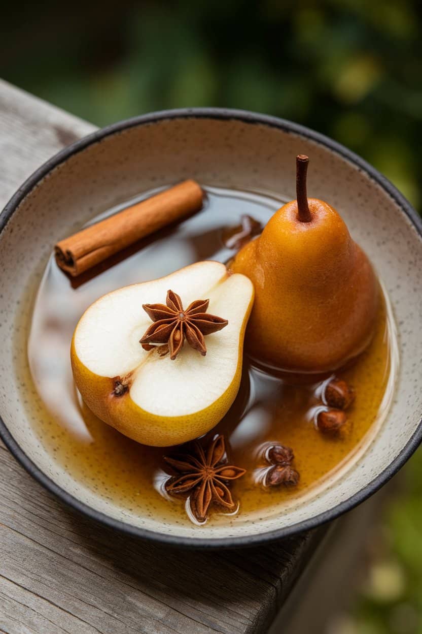 An indoor shallow bowl with a whole poached pear glazed in amber syrup, cinnamon stick and star anise floating alongside. No text or logos.