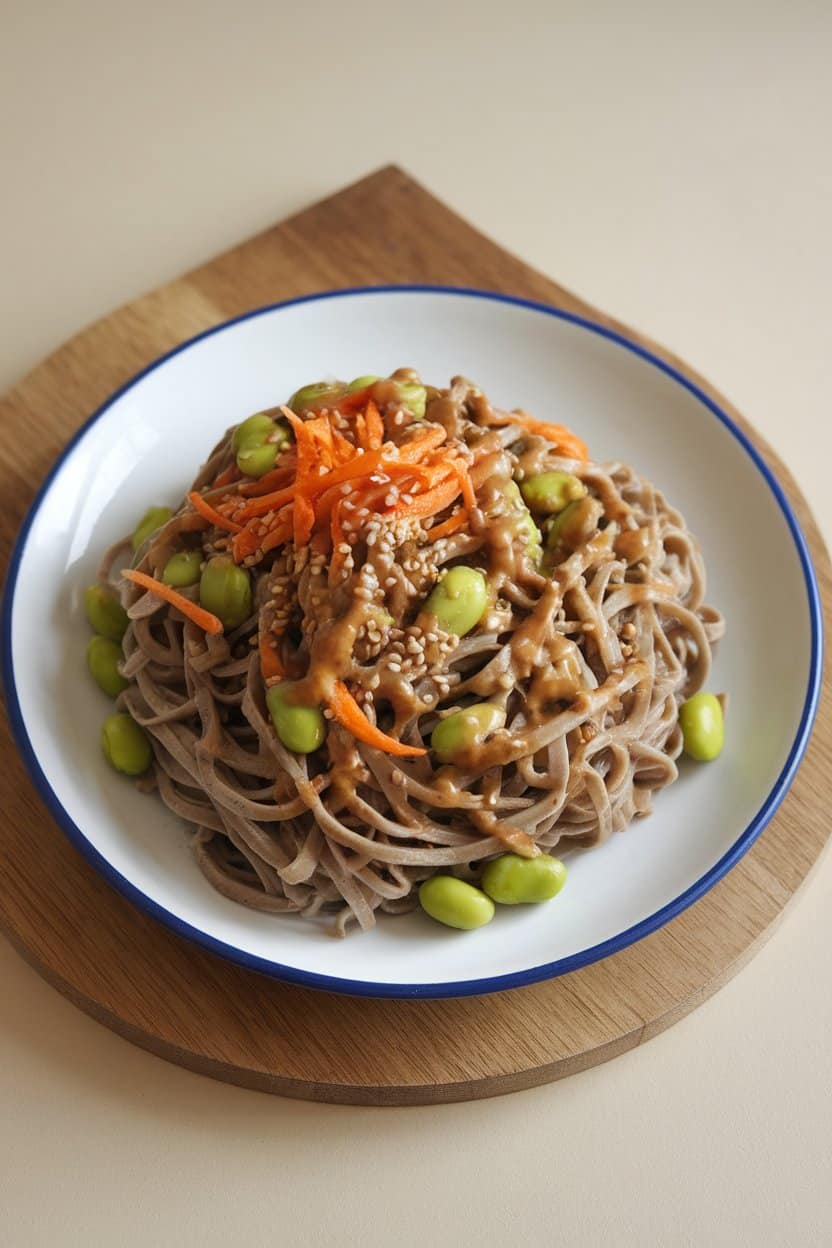 An indoor plate of chilled soba noodles tossed with edamame, shredded carrots, and sesame seeds, drizzled with soy-ginger dressing. No logos or text; photo only.