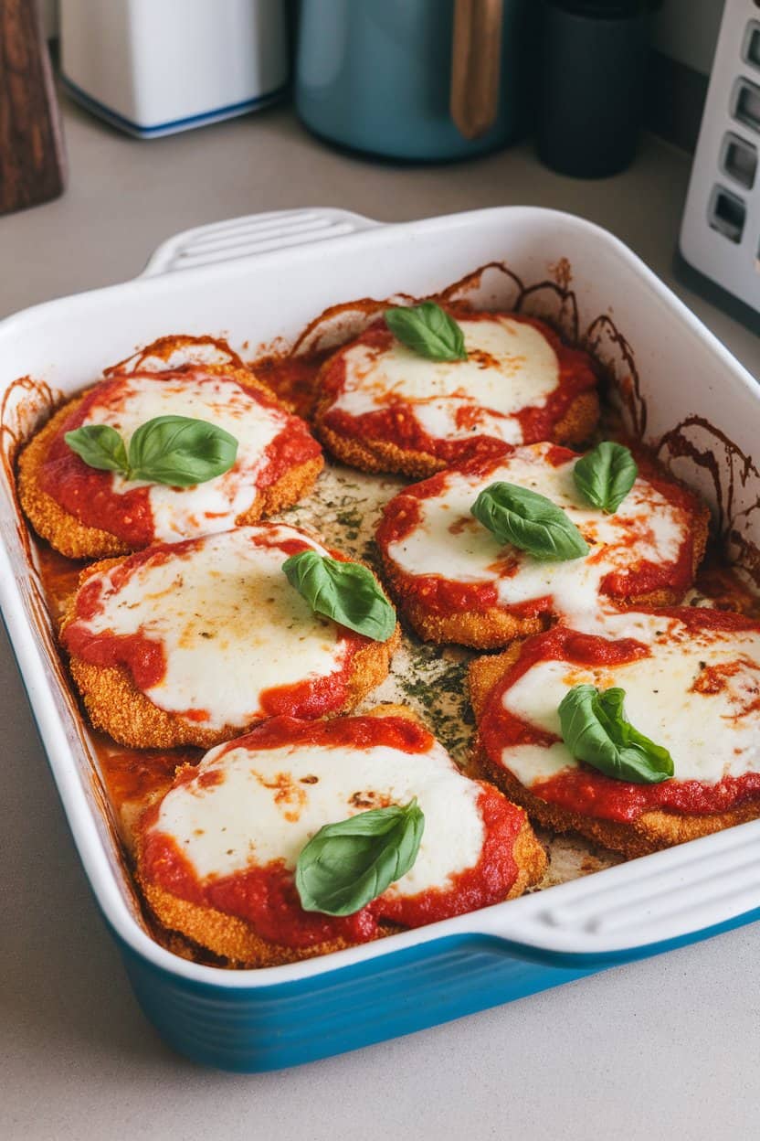 A casserole dish set on an indoor countertop, showing breaded chicken cutlets topped with melted mozzarella and marinara, basil scattered on top, no text or logos.
