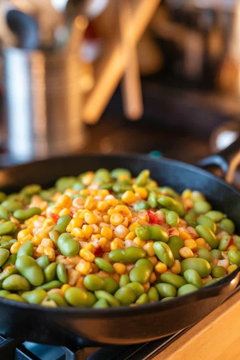 Indoor photo of a skillet filled with bright green edamame and yellow corn kernels, speckled with red bell pepper; side angle, no text or logos