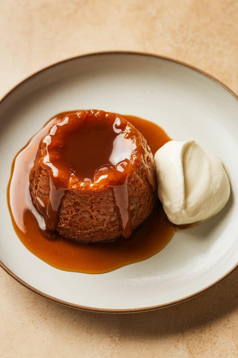 An indoor dessert plate holding a warm sticky toffee pudding drenched in glossy sauce, a quenelle of coconut cream on the side. No text or logos.
