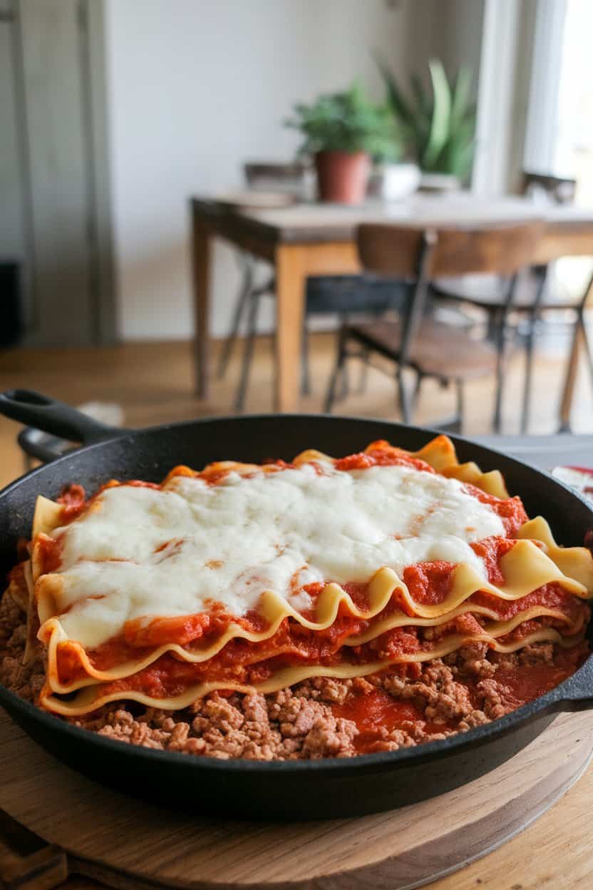 A round skillet on an indoor dining table, layered with wavy lasagna noodles, bubbling tomato sauce, ground turkey, and melted mozzarella on top. No logos or text visible.