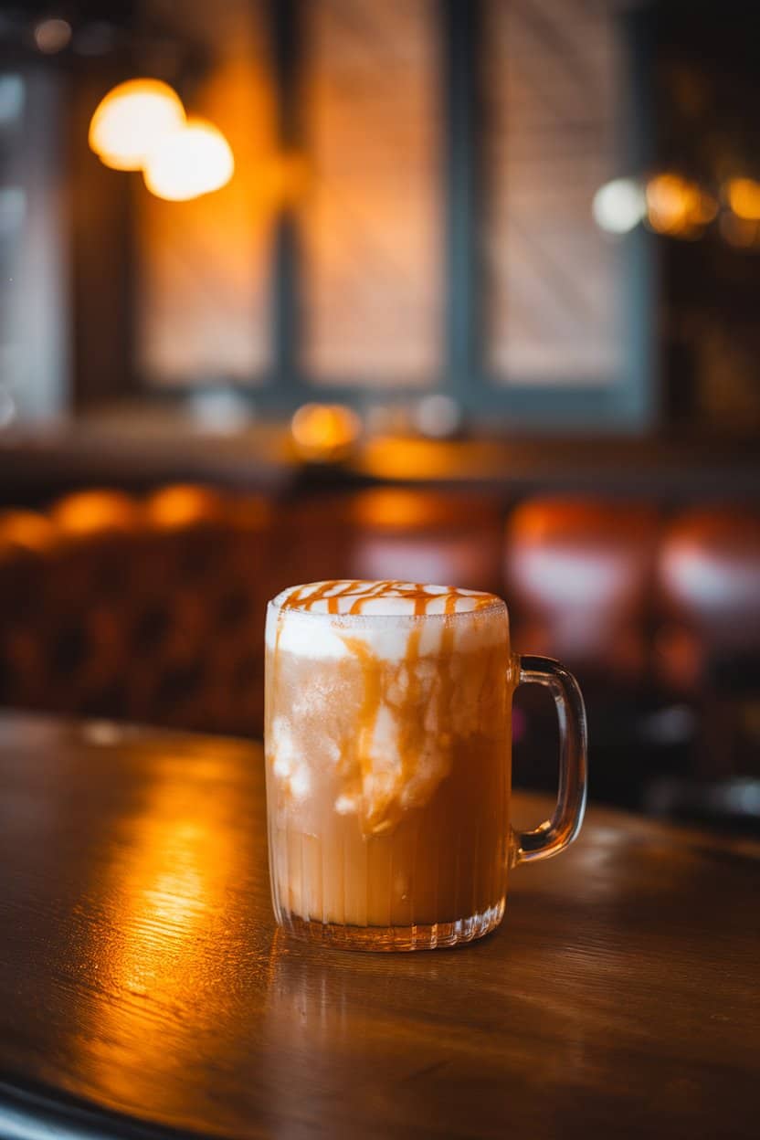 Photo of an indoor pub-style wooden table holding a frosty mug of butterscotch-colored apple mocktail, thick foam head, drizzle of caramel; cozy amber lighting; no text or logos.