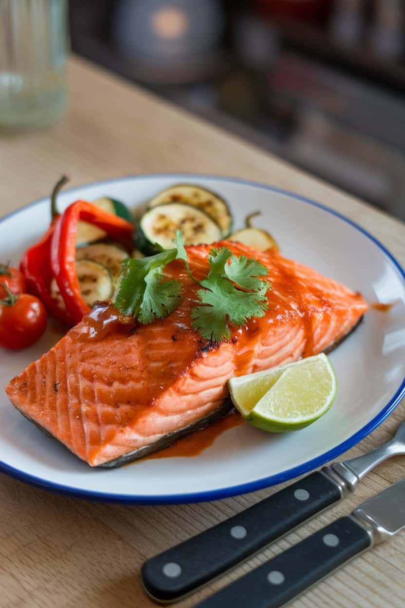 Photo of an indoor dinner plate with salmon glazed in sweet chili sauce and garnished with cilantro and lime. No text or logos present.
