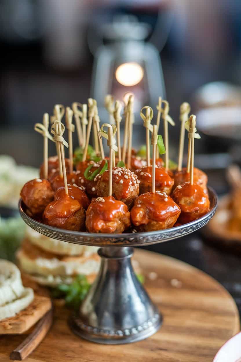 Indoor serving platter of bite-size meatballs coated in shiny sweet chili sauce, toothpicks inserted. Photo, no text or logos.