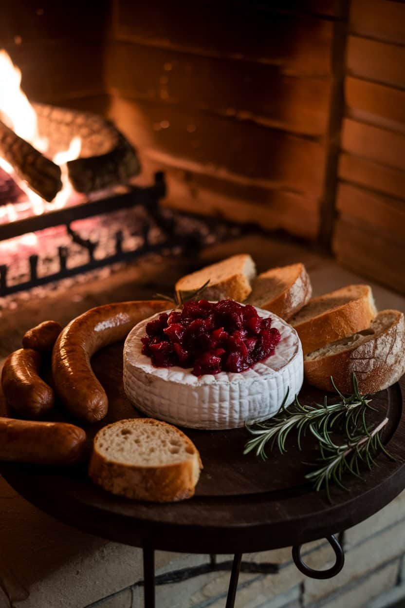 Indoor photo of a dark wooden board near a lit fireplace, holding warm baked brie topped with cranberry compote, cooked sausage links, rosemary sprigs, and crusty bread slices; soft firelight, no text or logos