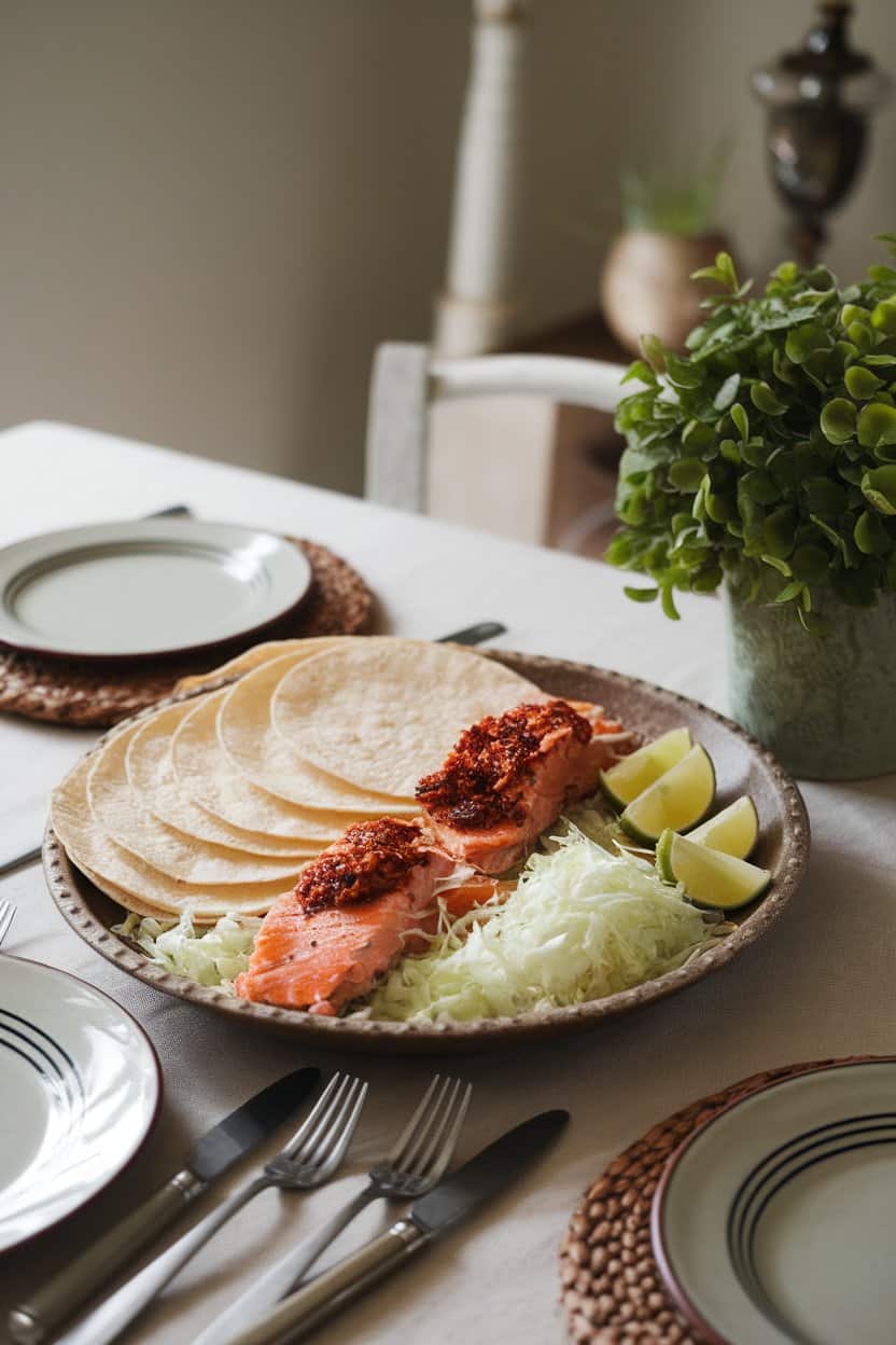 Photo of an indoor dining table with soft corn tortillas holding flaked chili-rubbed salmon, shredded cabbage, and lime wedges on a rustic platter. No text or logos.