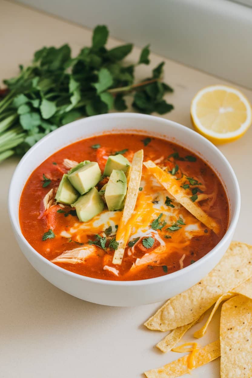 Indoor countertop featuring a bowl of tomato-based chicken soup topped with avocado cubes, tortilla strips, and melted cheese; no text or logos.