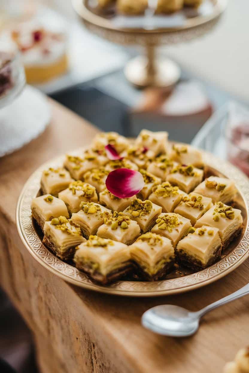 Photo: Mini squares of baklava topped with crushed pistachios and a rose petal, indoor dessert tray. No text or logos anywhere.