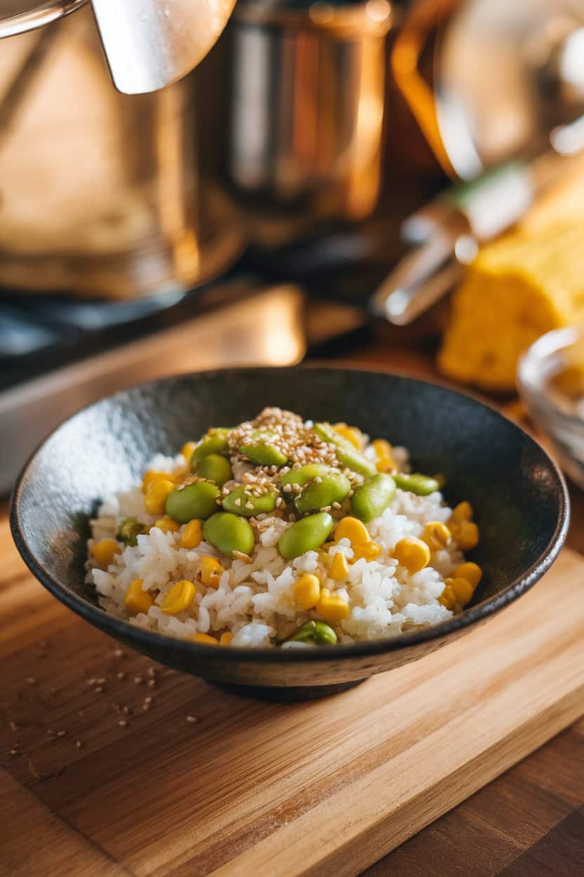 Photo of a shallow bowl inside a kitchen setting containing white rice tossed with bright green edamame, yellow corn kernels, and sesame seeds. No text or logos present.