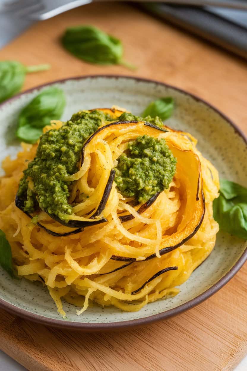 Indoor photo of roasted spaghetti squash strands tossed with bright green basil pesto on a ceramic plate; side angle, no text or logos