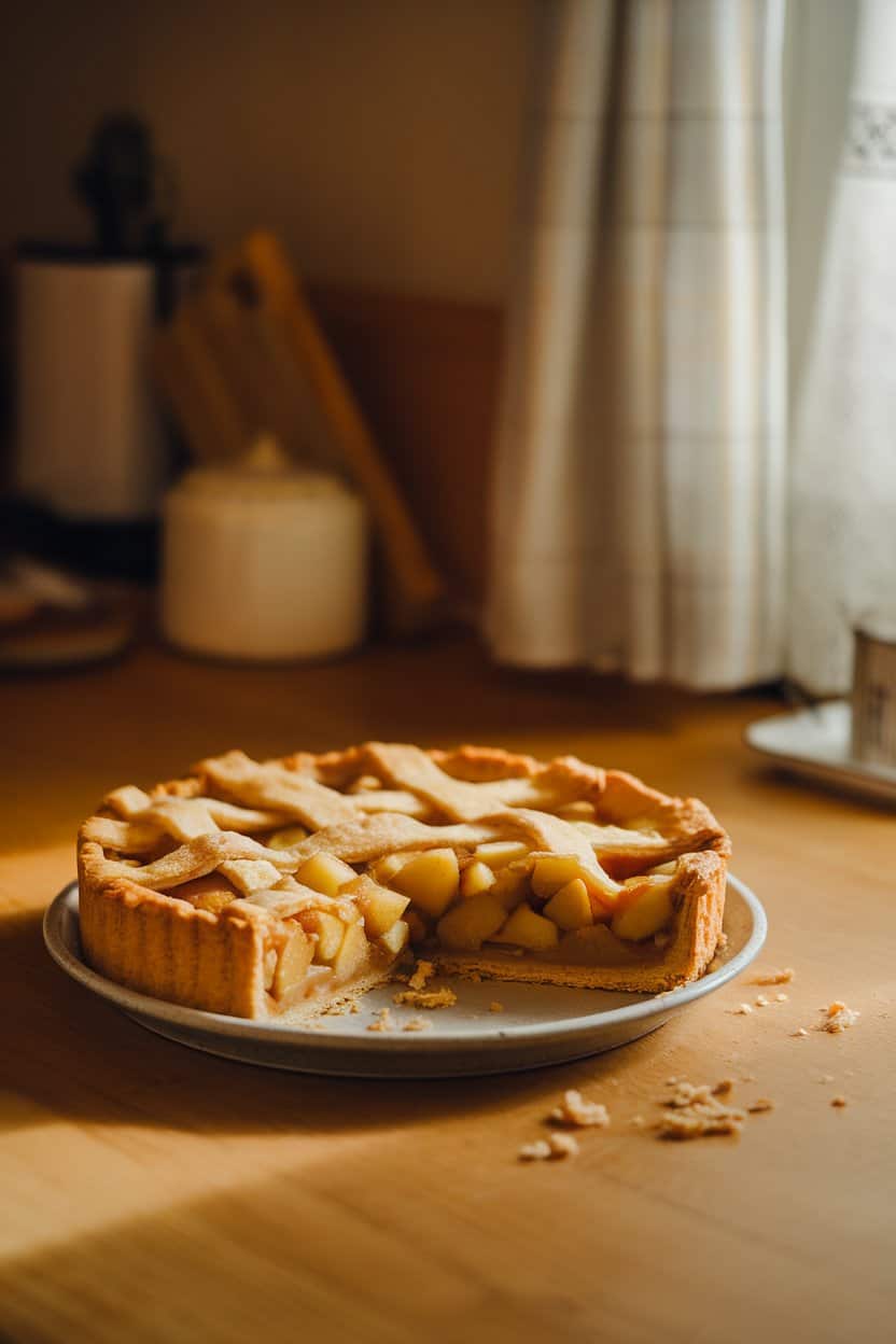 A warmly lit indoor kitchen table with a lattice-topped Irish apple tart on a simple ceramic plate, a slice removed to reveal softly stewed Bramley apples, flaky pastry crumbs scattered around. No text or logos anywhere in the scene. Photo, not illustration.