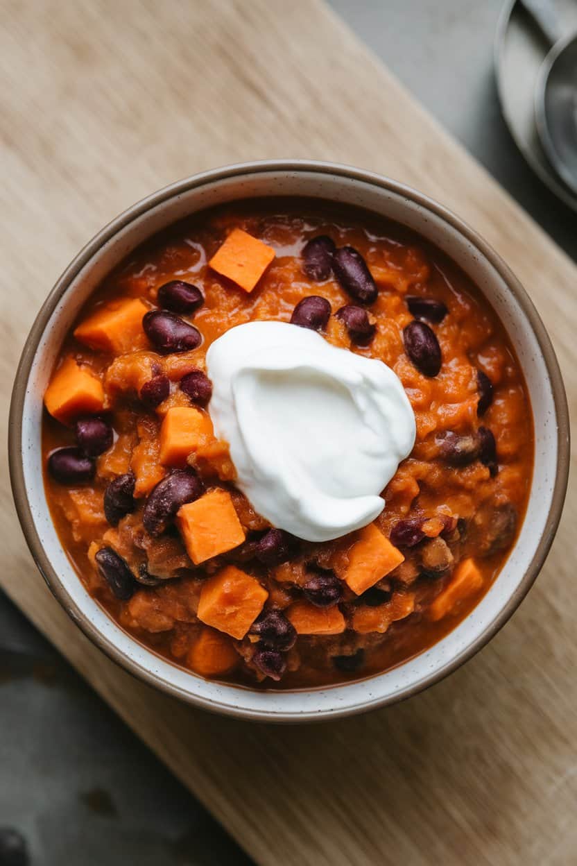 Indoor photo of a deep bowl of chunky sweet potato and black bean chili, topped with a dollop of fat-free yogurt; overhead angle, no text or logos