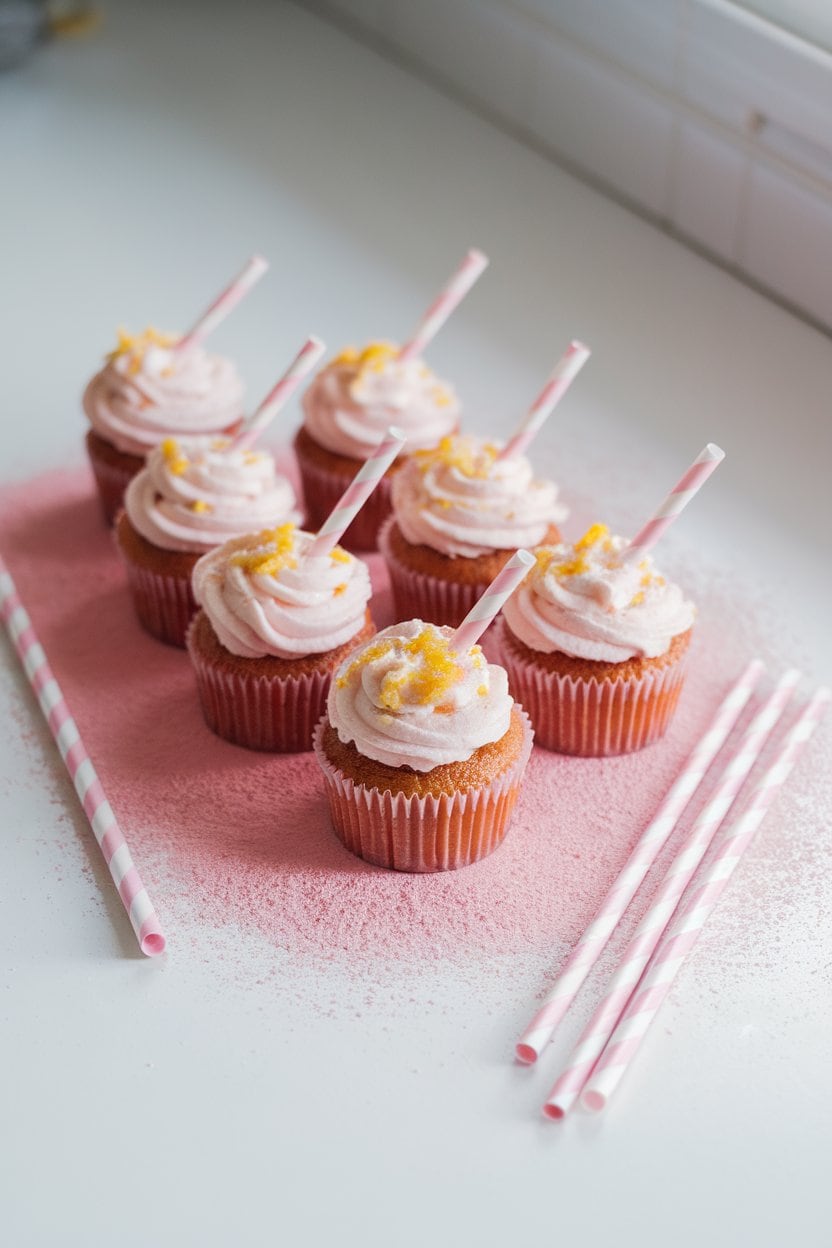 An indoor bright countertop with pink-hued cupcakes topped with lemon frosting and a tiny paper straw inserted at an angle. No text or logos.
